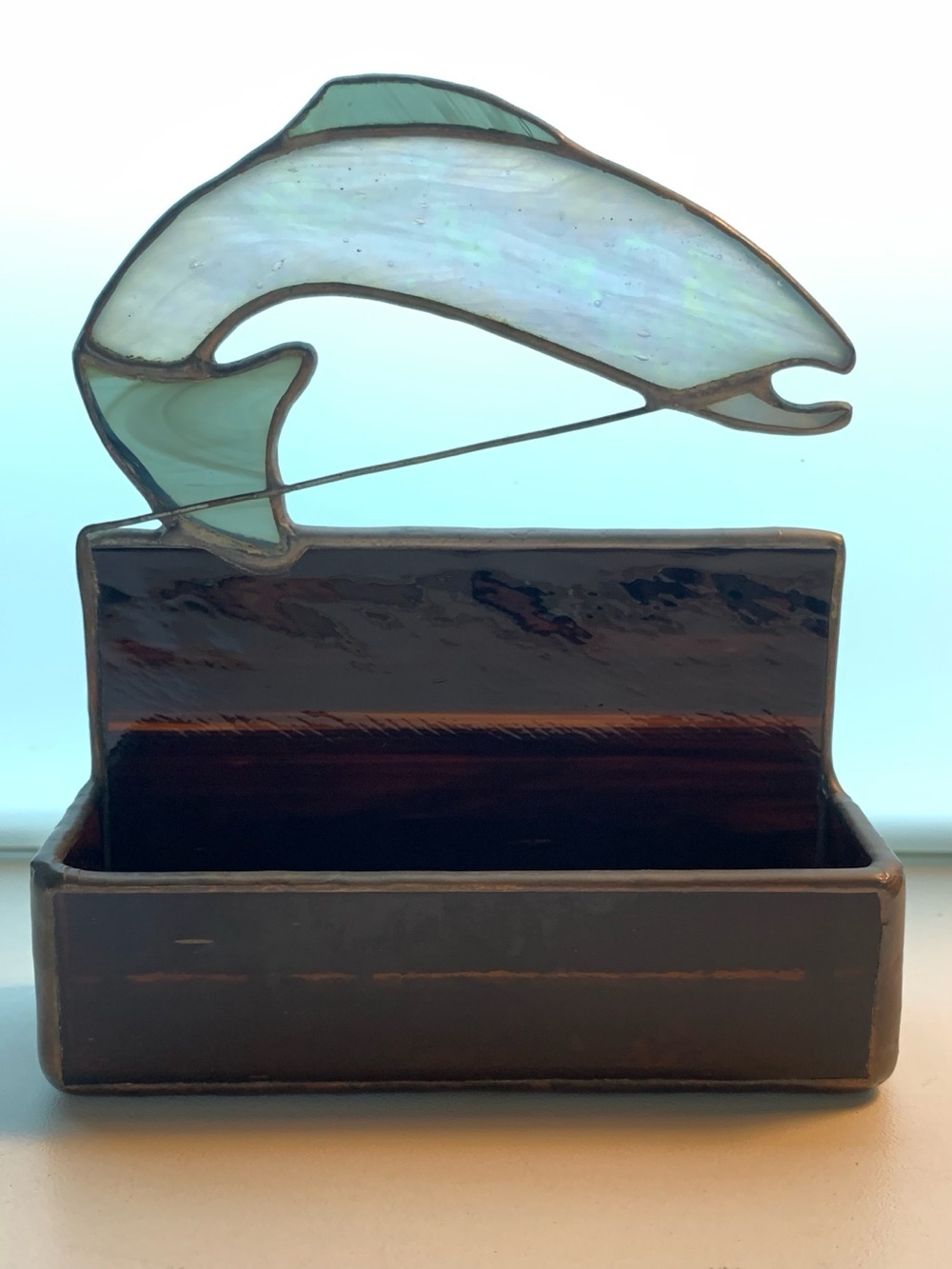 “Going Fishing” Stained Glass Business Card Holder✨Vintage Glass✨Handmade 1990